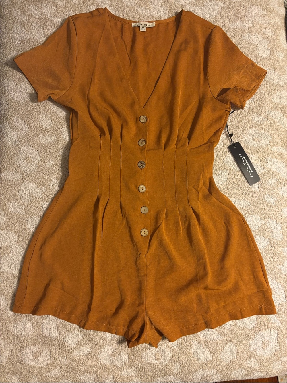 Haute Monde Rust Orange Button-Front Short Sleeve Romper
